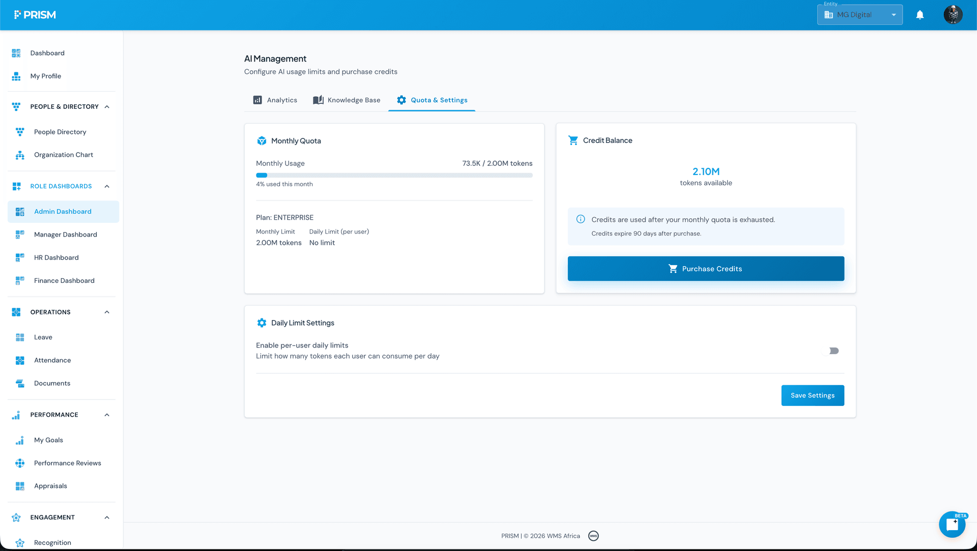 AI quota settings with credit balance and purchase option