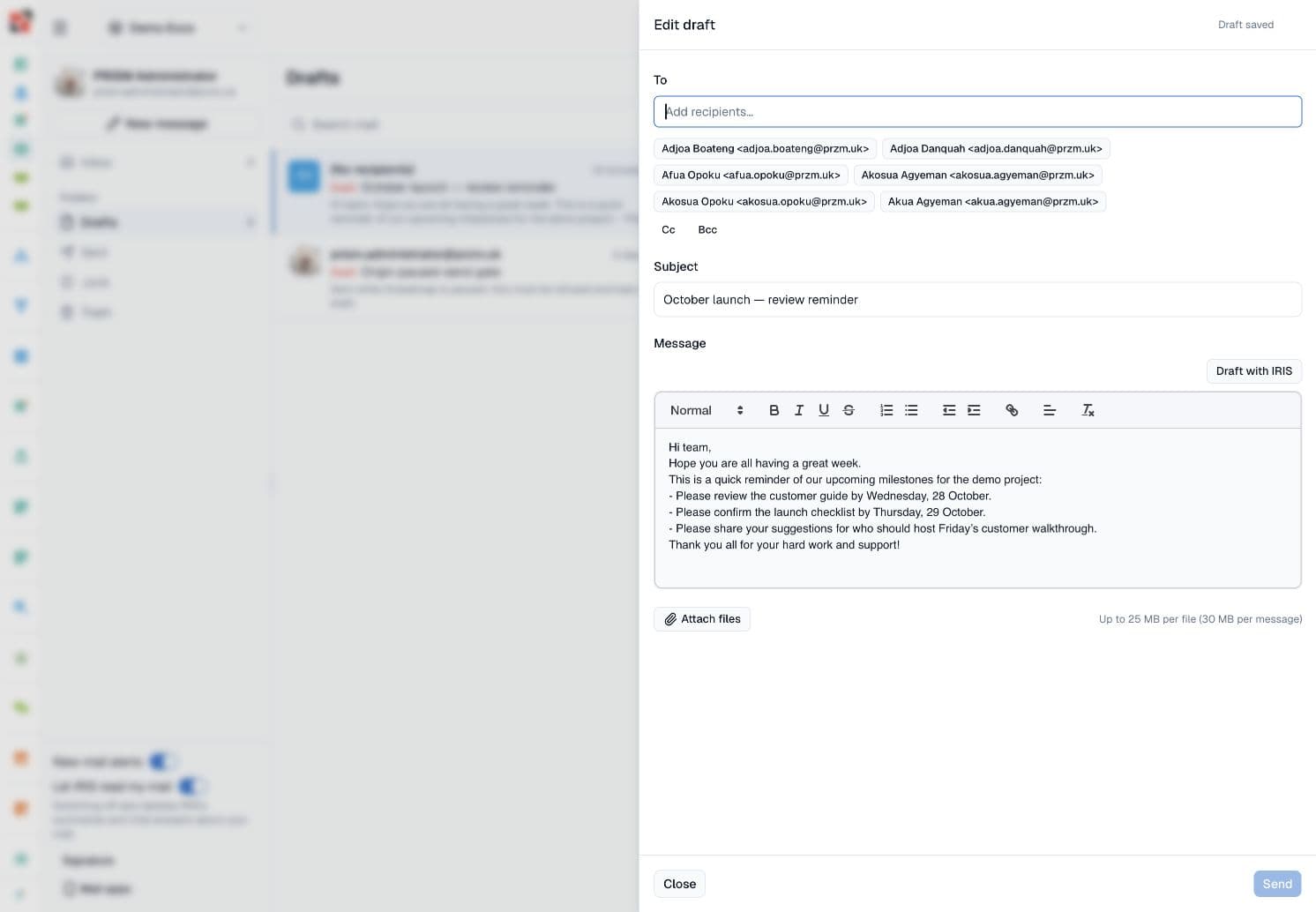The PRISM Mail composer with a fictional draft prepared with IRIS.