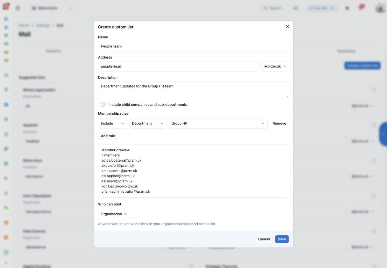 An unsaved Group HR list preview showing seven members and a posting policy.