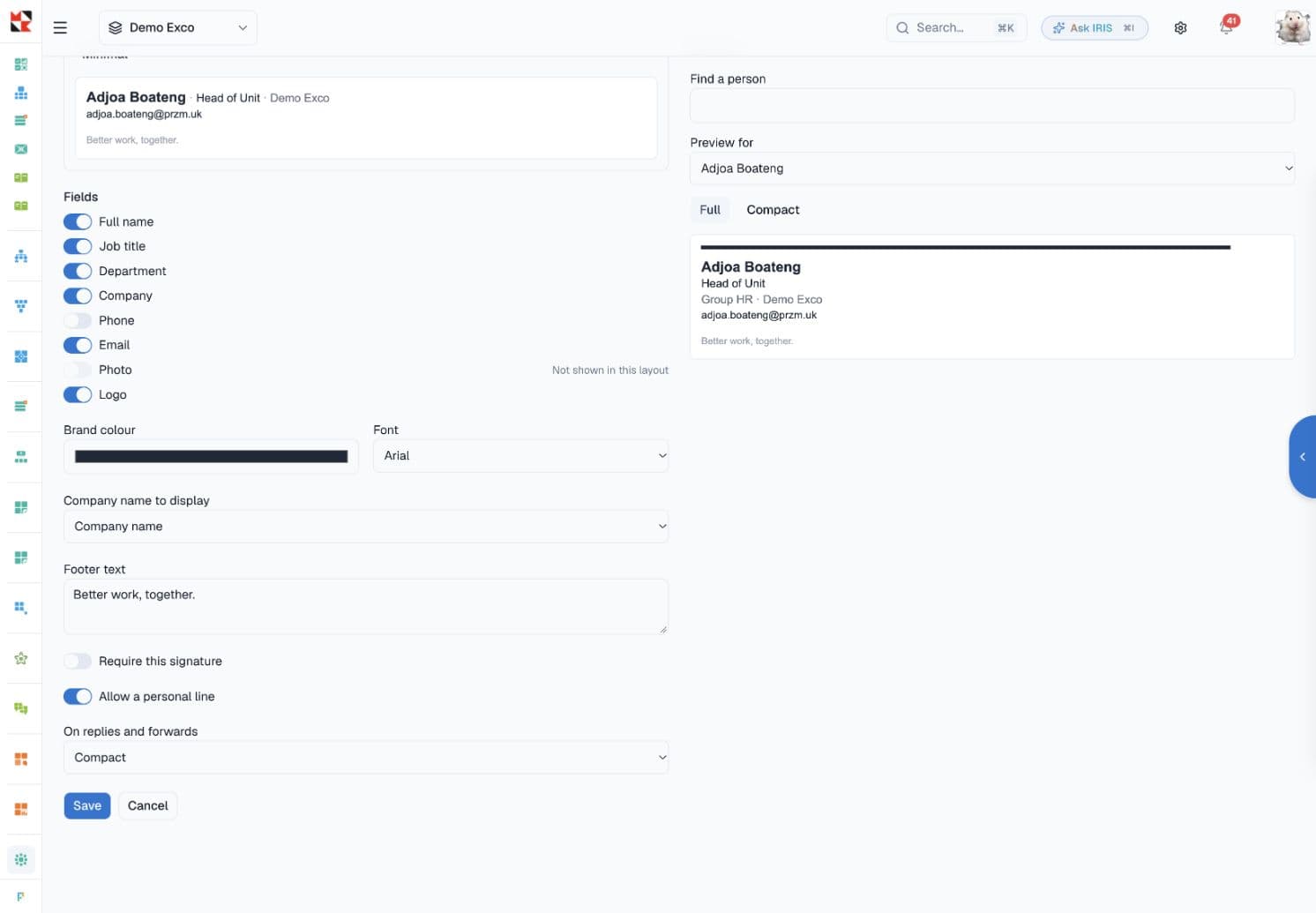 Logo and employee fields, brand colour, footer text and reply controls in PRISM signature administration.