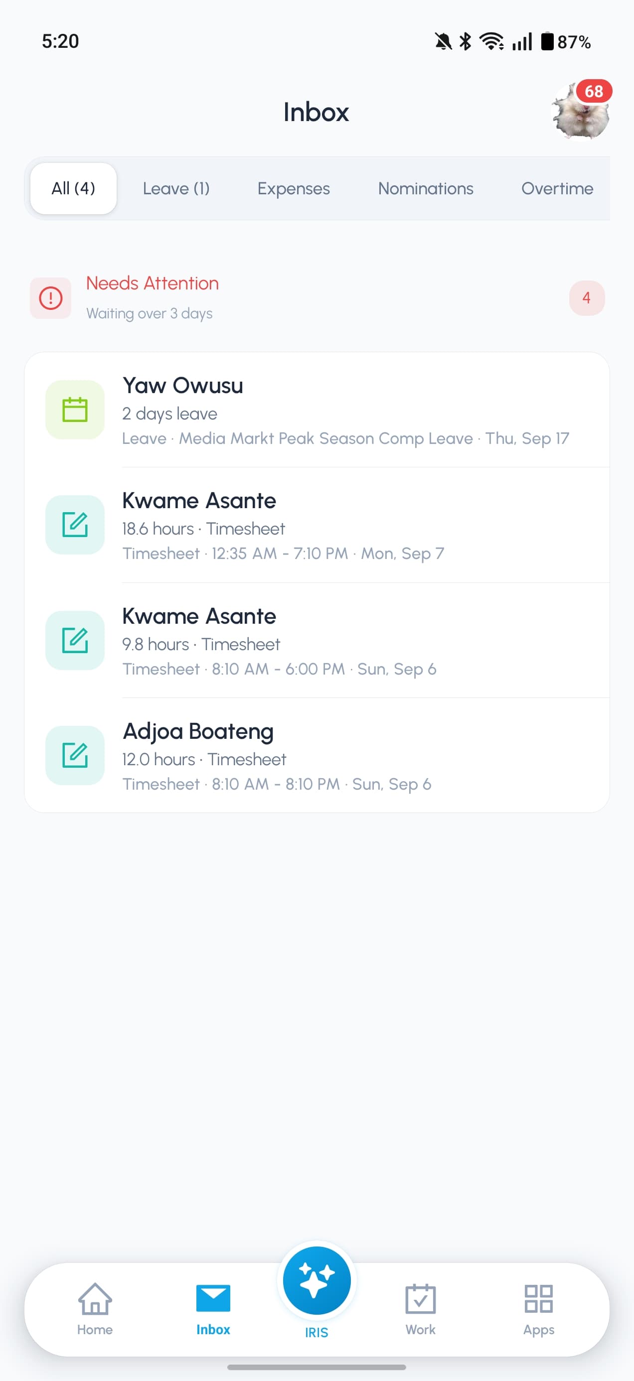 The PRISM mobile inbox showing leave and timesheet requests that need attention, with filters for request types.
