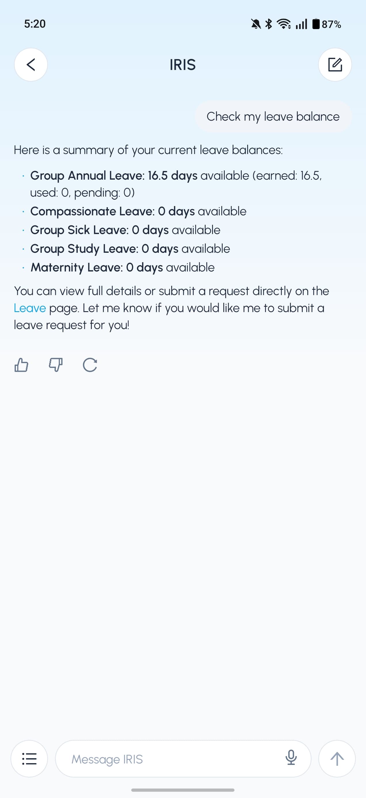 IRIS answering a leave-balance question in the PRISM Android app, with a breakdown by leave type and a link to the leave page.