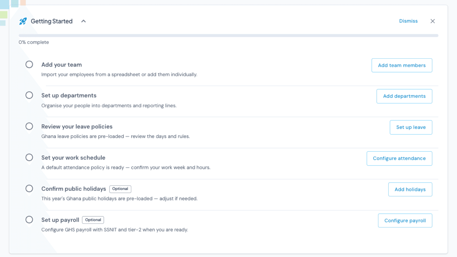 The Getting Started checklist guiding a new organisation through setup