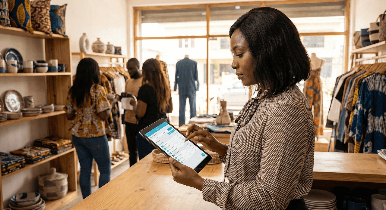 Branch manager using a tablet on the floor