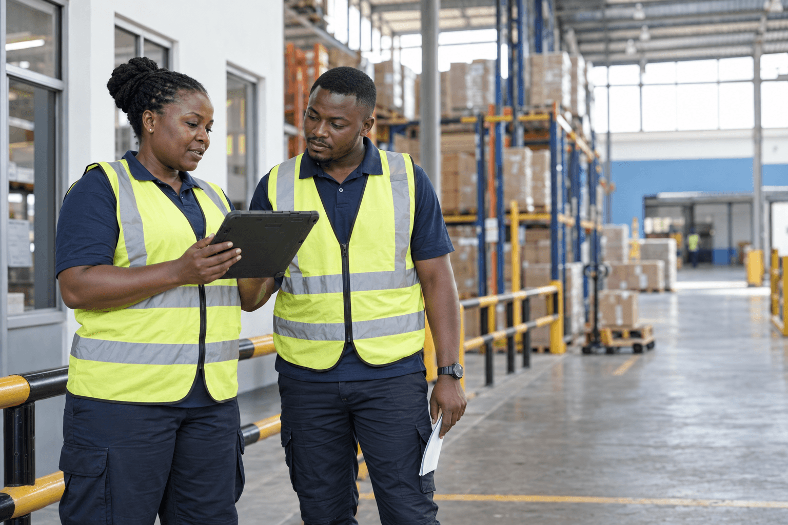 Colleagues coordinating work in a logistics workplace.