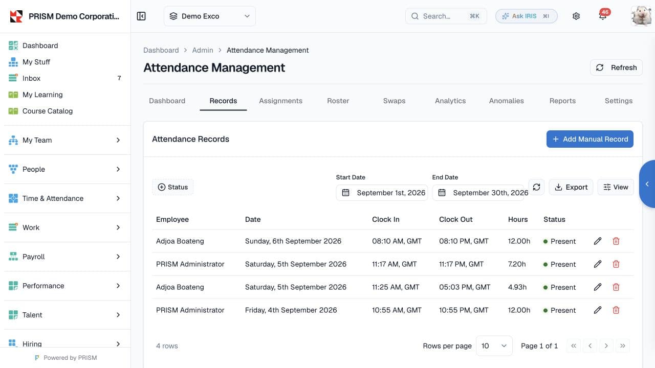Attendance records and working time in the PRISM demo.