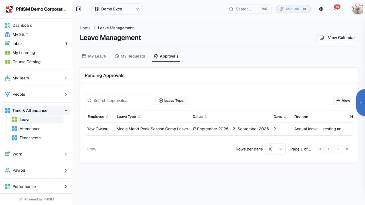 The pending leave approval queue in PRISM, with dates, handover information and review actions.