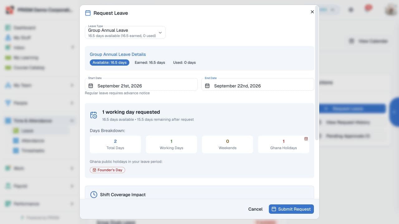An unsent request showing dates, leave entitlement and the working-day calculation in PRISM.