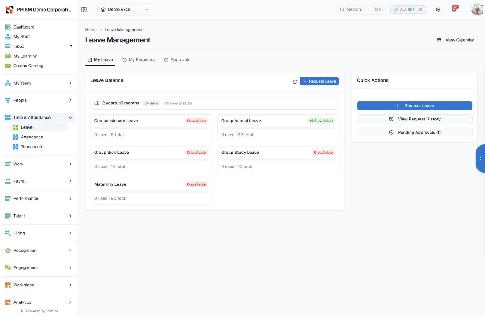 Leave balances and request actions in the PRISM demo workspace.