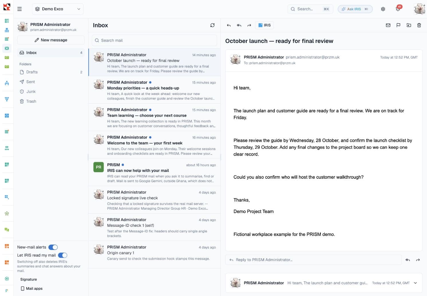 Business conversations in the PRISM demo mailbox.
