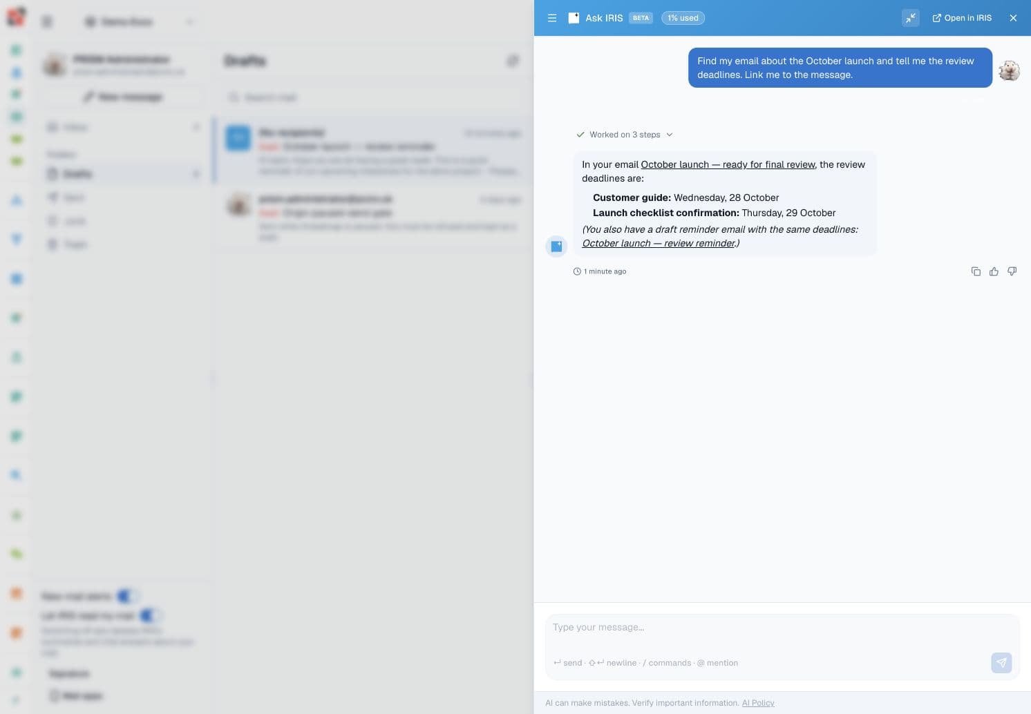 IRIS finds the fictional October launch email, identifies the review deadlines and links to the source messages.