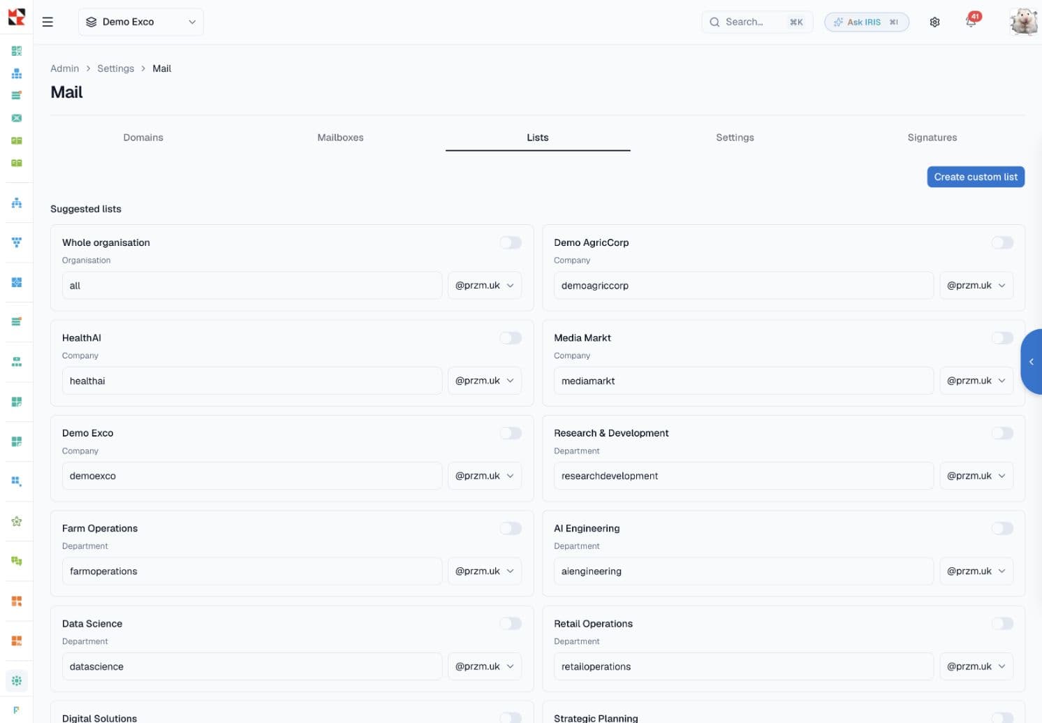 Suggested mailing lists for the PRISM demo organisation, companies and departments.