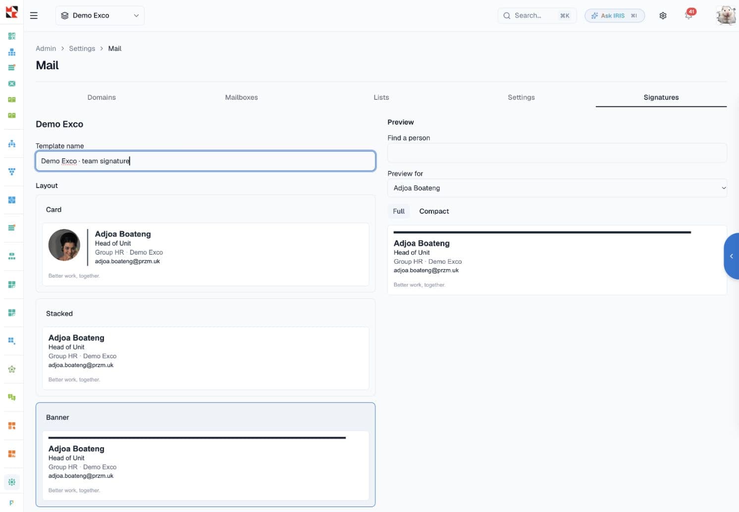 Card, Stacked and Banner layouts in the PRISM signature designer, with Banner selected.