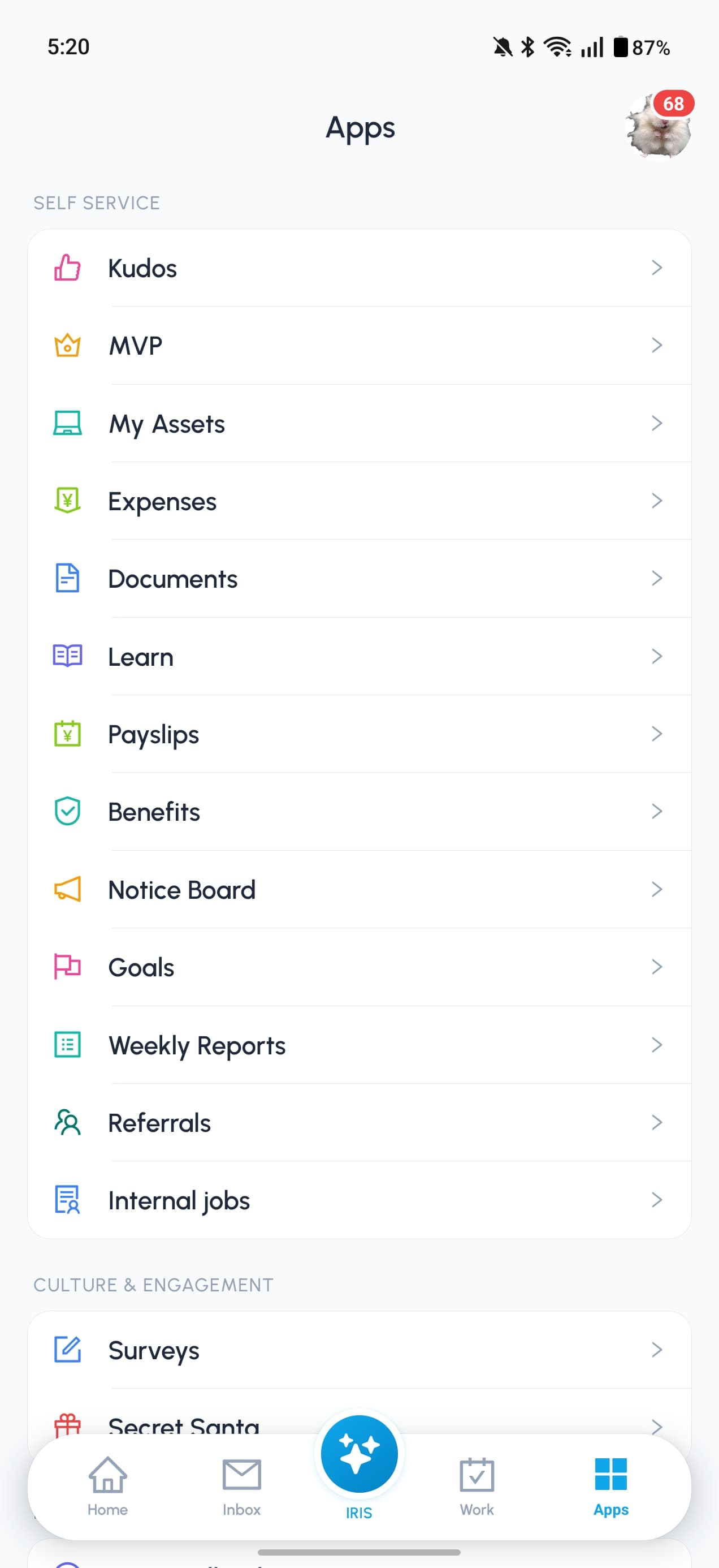 PRISM mobile app directory with payslips, expenses, documents, learning, benefits, goals and other employee tools.