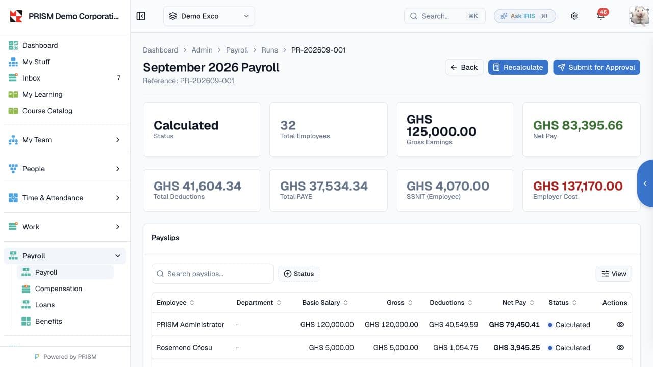 A calculated September payroll run with earnings, deductions and payslips in the PRISM demo.