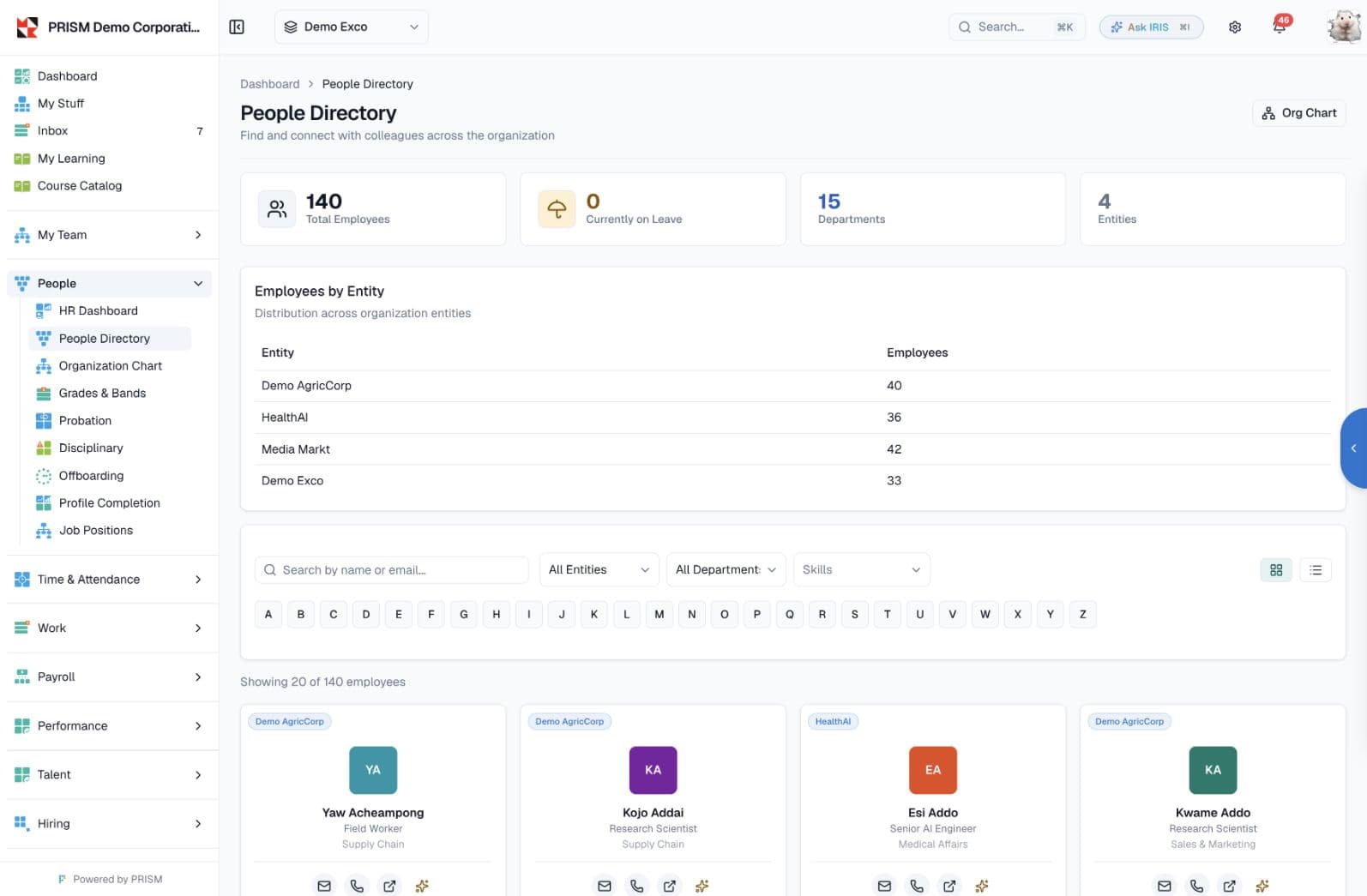 PRISM employee directory with company and department filters.