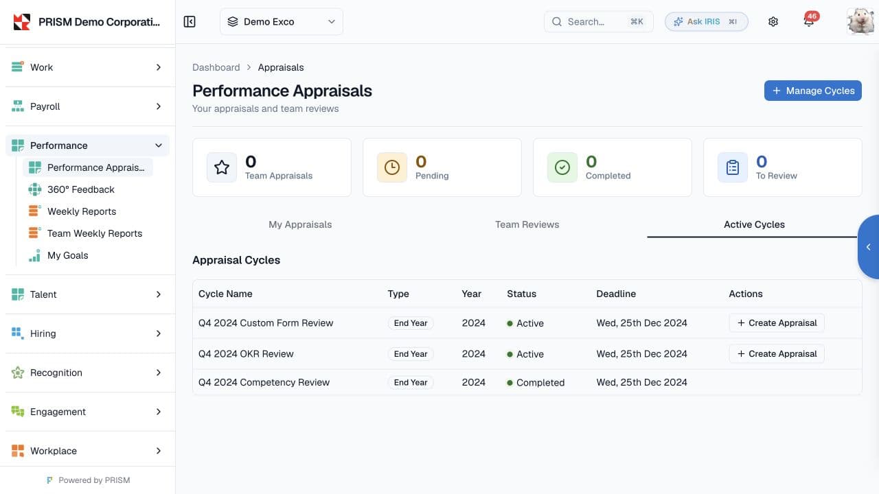 Configured performance appraisal cycles in the PRISM demo.